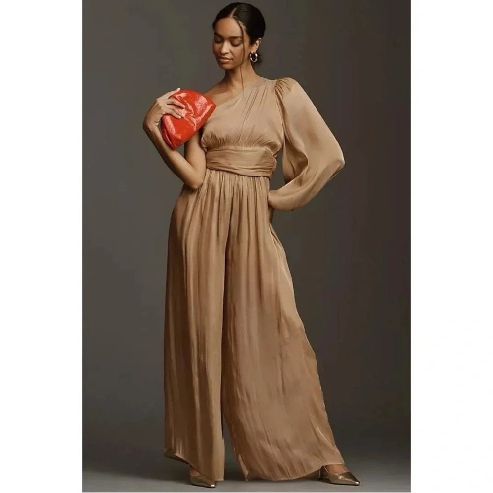 Anthropologie Jumpsuit Shimmer Gold Women 6 One Shoulder Metallic Wide Leg X